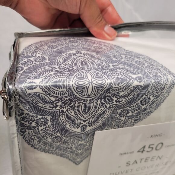 Sateen King 450 Thread Count Cotton Duvet Cover Set Blue Medallion - Picture 7 of 8